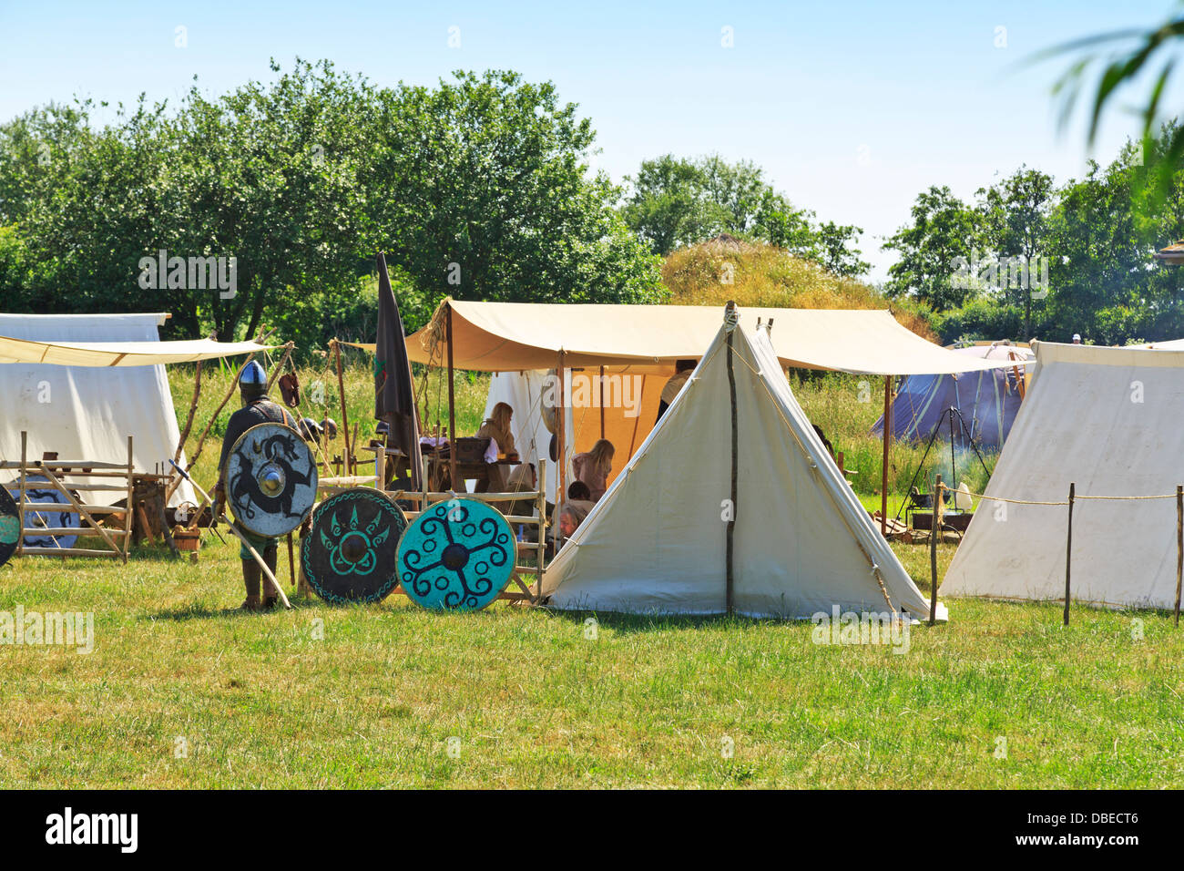 Viking Village settlement area soggiorno a Flag Fen parco archeologico, Peterborough, Inghilterra Foto Stock