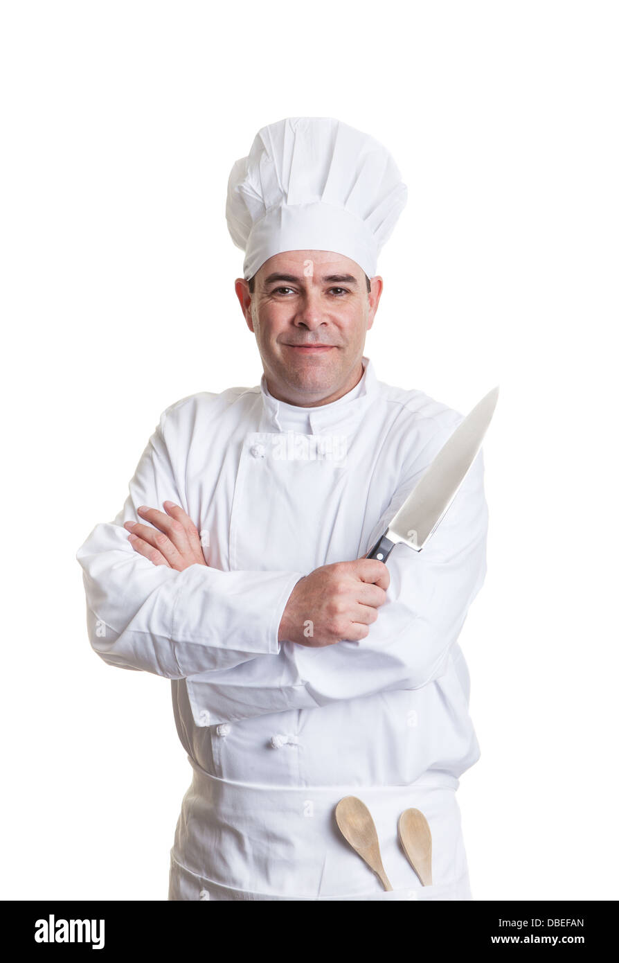 Uno chef professionale con un coltello su sfondo bianco. Foto Stock