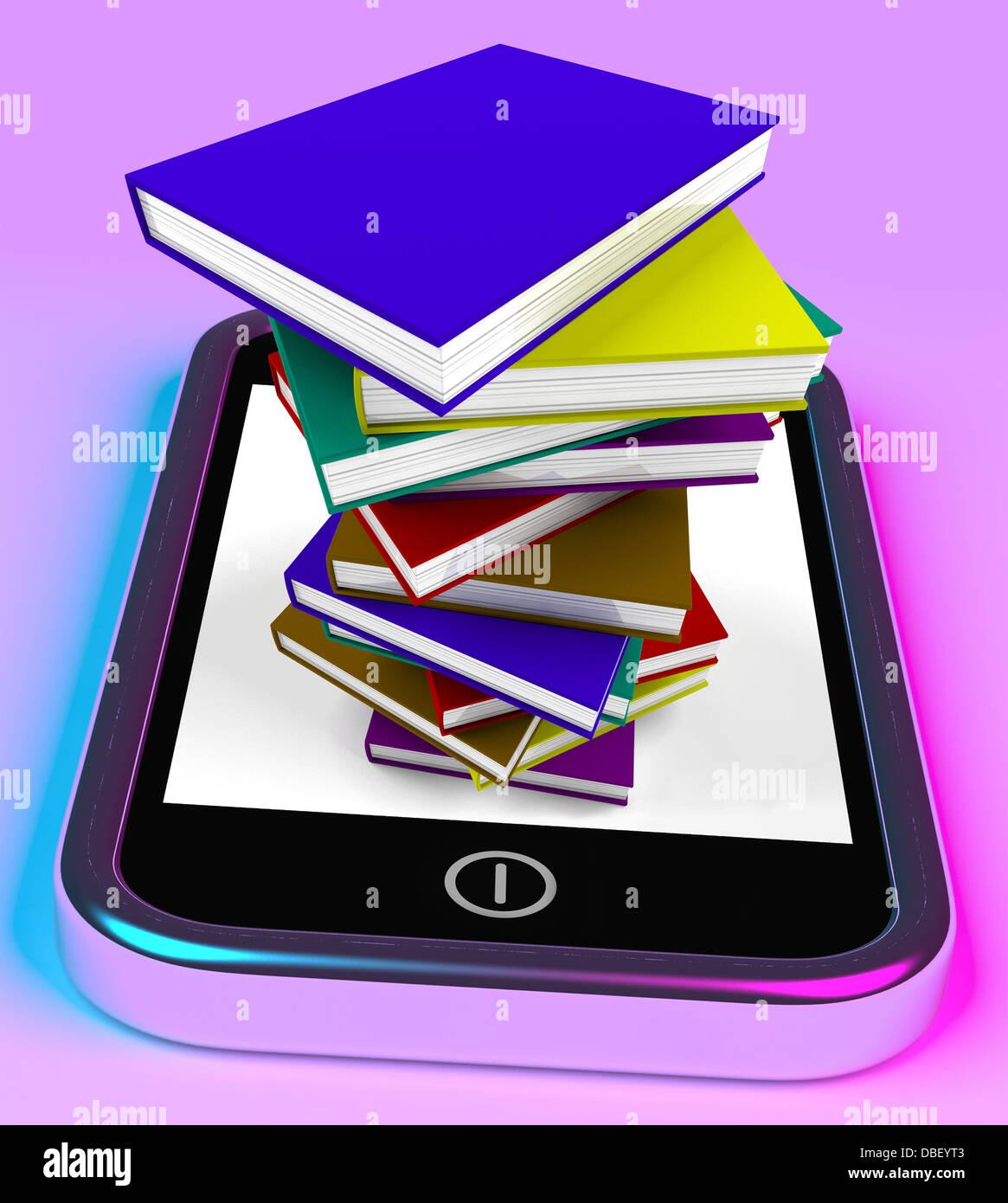 Telefono cellulare con la pila di libri mostra conoscenze Online Foto Stock