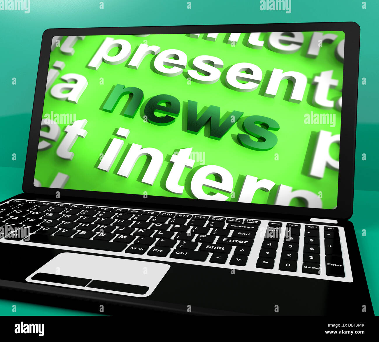 Parola di notizie su laptop mostra supporti e informazioni Foto Stock