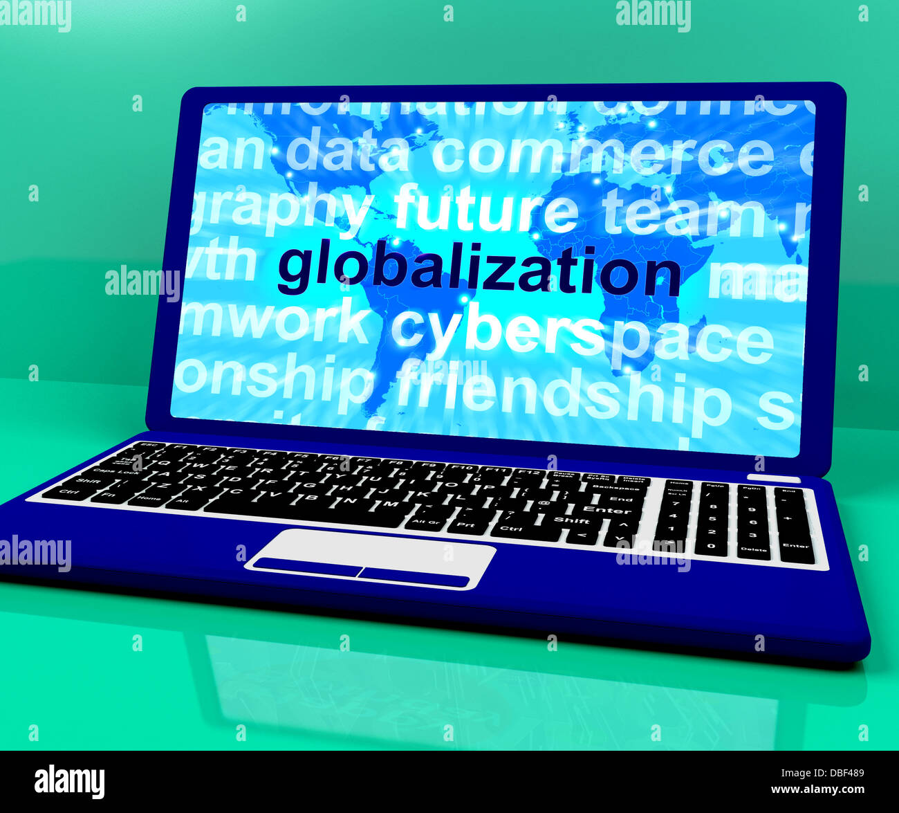 Parola di globalizzazione su laptop che mostra il business internazionale Foto Stock