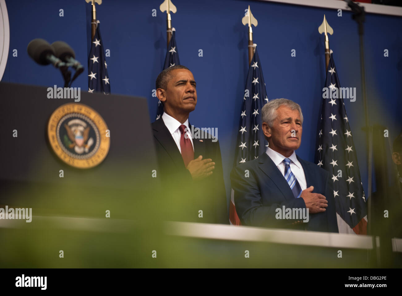 Stati Uniti Presidente Barak Obama parla durante una cerimonia di commemorazione per la firma dell'Armistizio coreano 60 anni fa in occasione della Guerra di Corea Memorial a Washington D.C., Sabato, 27 luglio 2013. Foto Stock