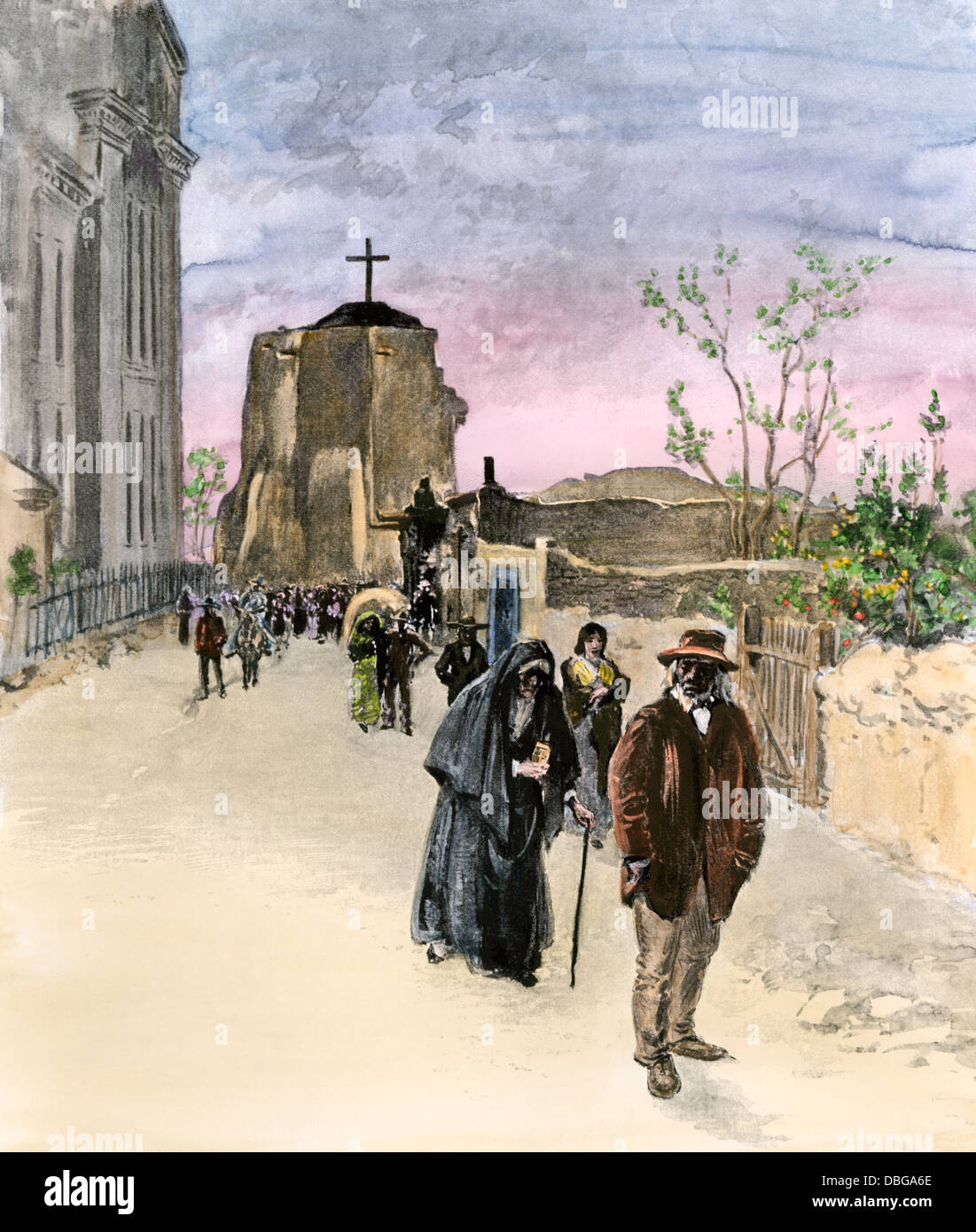 I parrocchiani lasciando San Miguel chiesa della missione in Santa Fe NM, 1890s. Colorate a mano riproduzione dei mezzitoni di illustrazione. Foto Stock