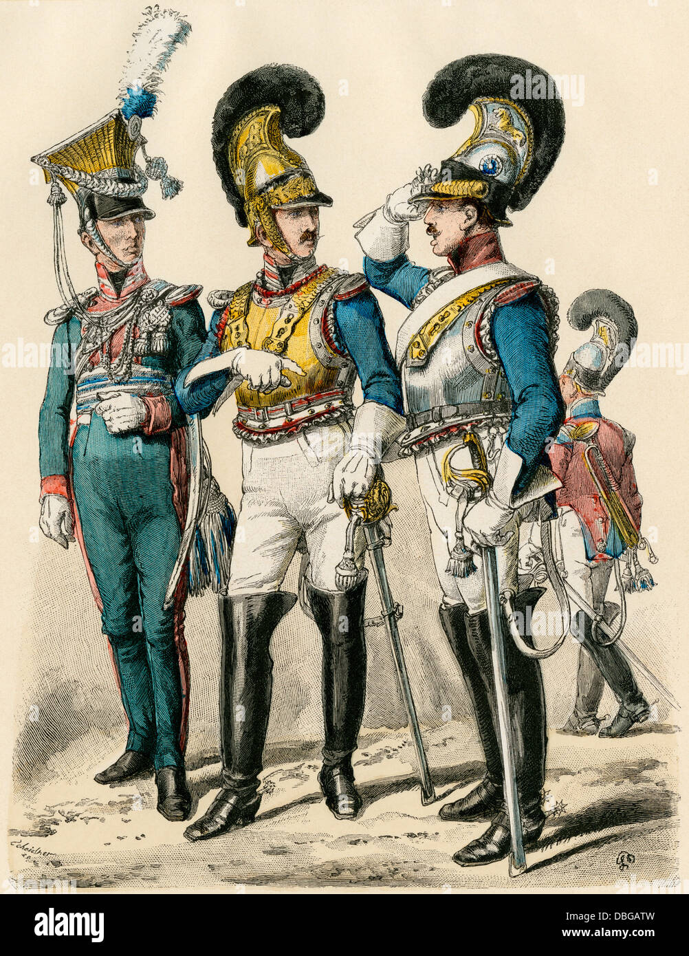Bavarian ufficiali militari, primi 1800s: lancer, guardia e corps officer (sinistra-destra). Colorate a mano la stampa Foto Stock