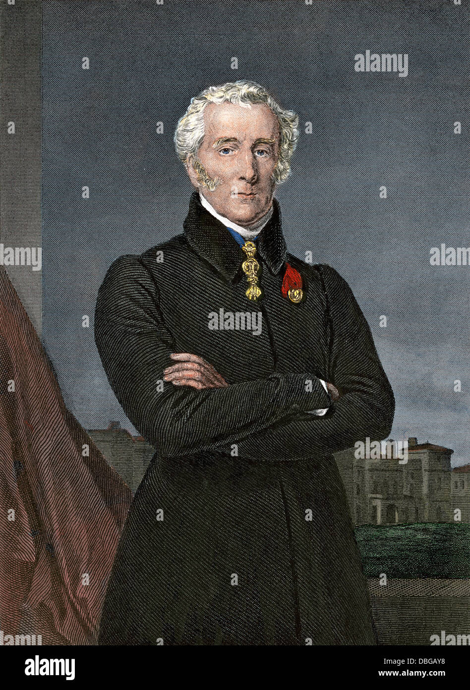 Arthur Wellesley Duca di Wellington che la sconfitta di Napoleone a Waterloo. Colorate a mano incisione in acciaio Foto Stock