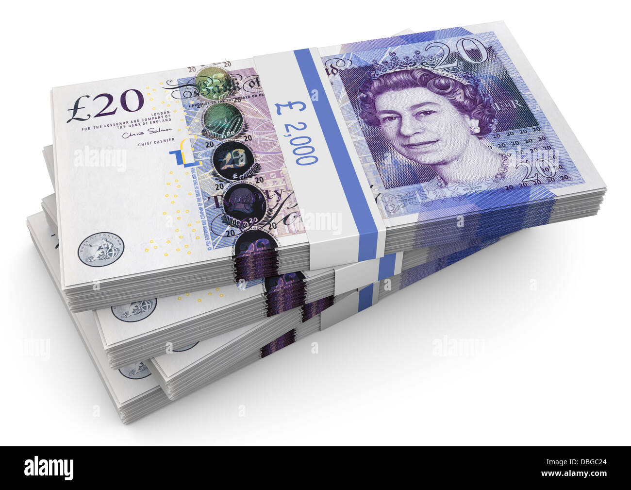 Pila di £20 pound note su sfondo bianco Foto Stock