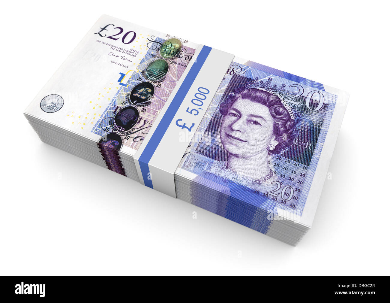 Pila di £20 pound note su sfondo bianco Foto Stock