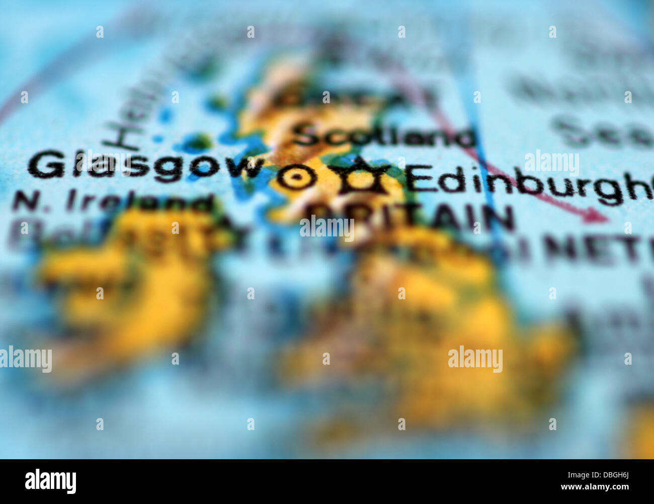 Mappa sezione evidenziando la Scozia, particolarmente a Glasgow ed Edimburgo Foto Stock
