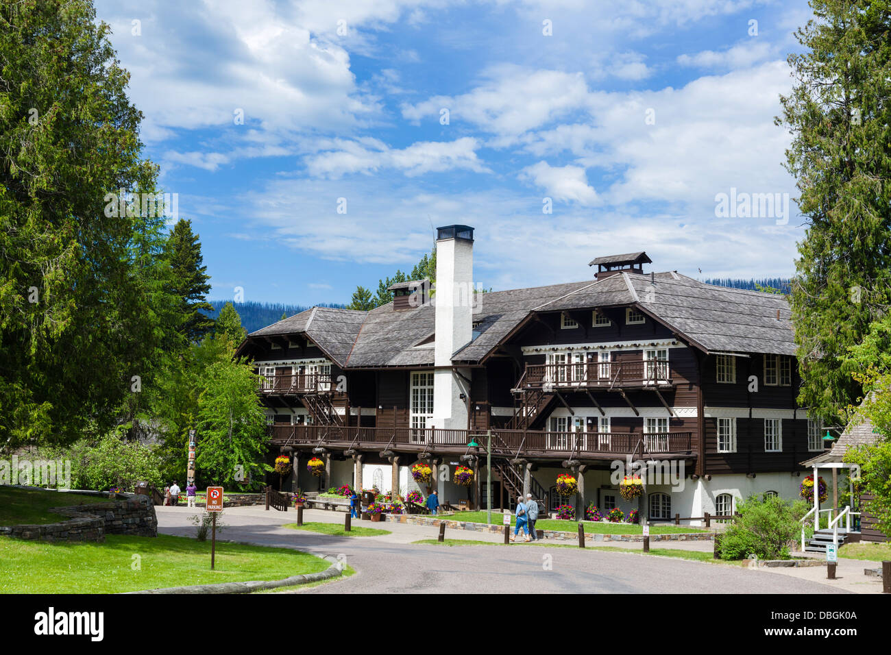 Lake McDonald Lodge, Lago McDonald, il Parco Nazionale di Glacier, Montana, USA Foto Stock