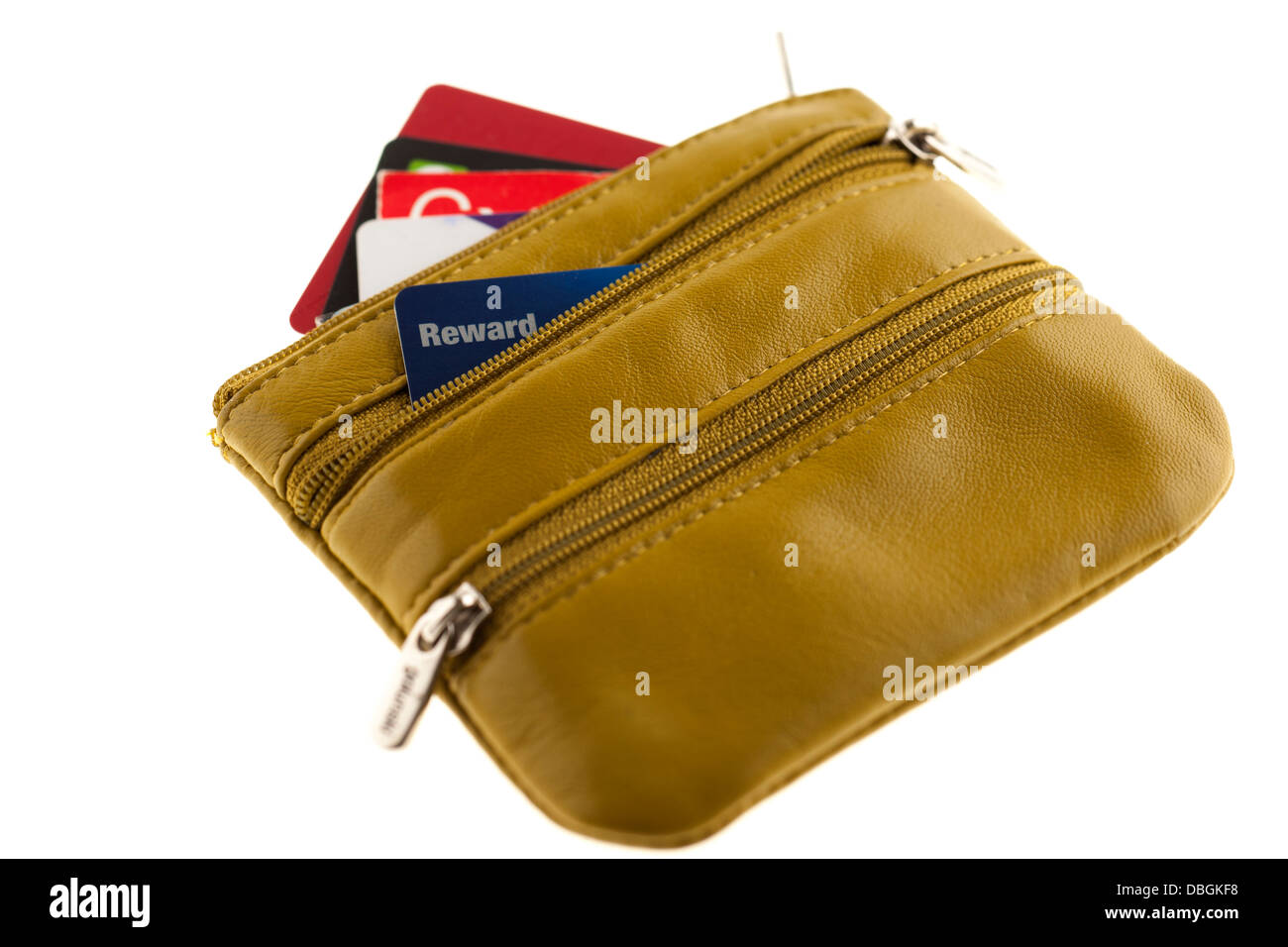 Giallo ladies tre portamonete con zip con le carte di credito che mostra Foto Stock