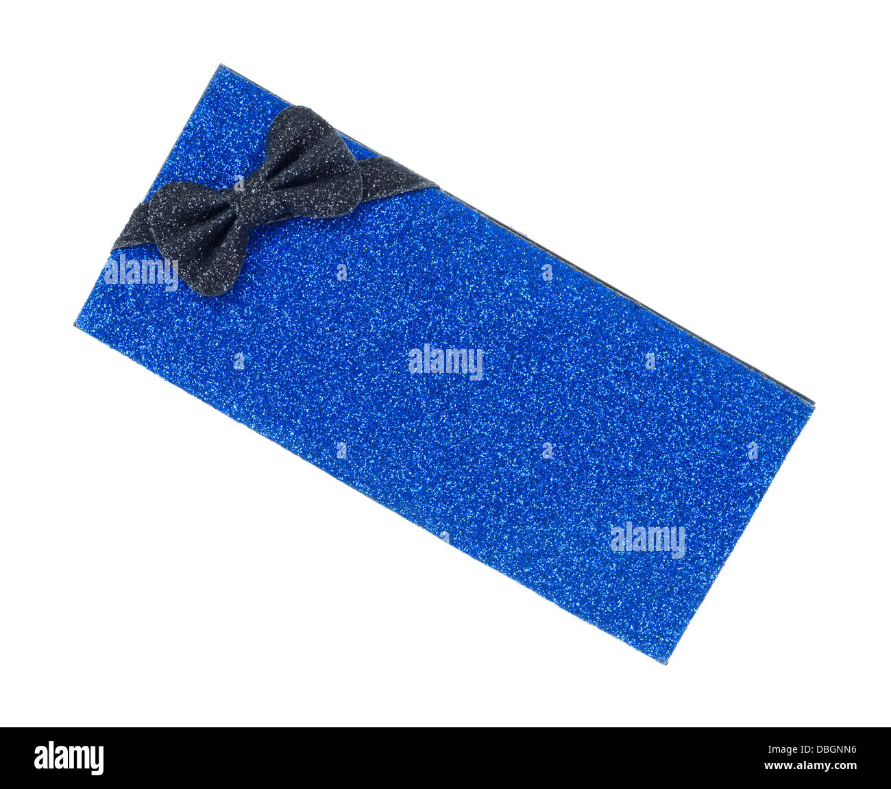 Un blue box regalo con glitter e una prua nero su uno sfondo bianco. Foto Stock