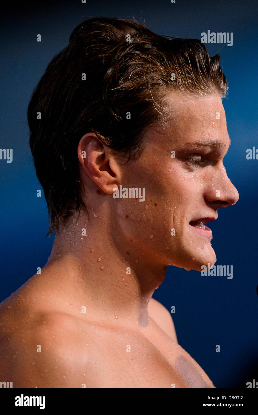 Barcellona, Spagna. Il 30 luglio, 2013. Yannick Agnel di Francia (FRA) viene intervistato dopo aver vinto la mens 200m stile libero Nuoto finale del giorno 11 del 2013 Campionati del Mondo di nuoto FINA, al Palau Sant Jordi. Credito: Azione Sport Plus/Alamy Live News Foto Stock