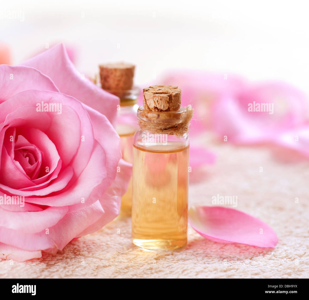 Bottiglie di olio essenziale per aromaterapia. Rose Spa Foto Stock