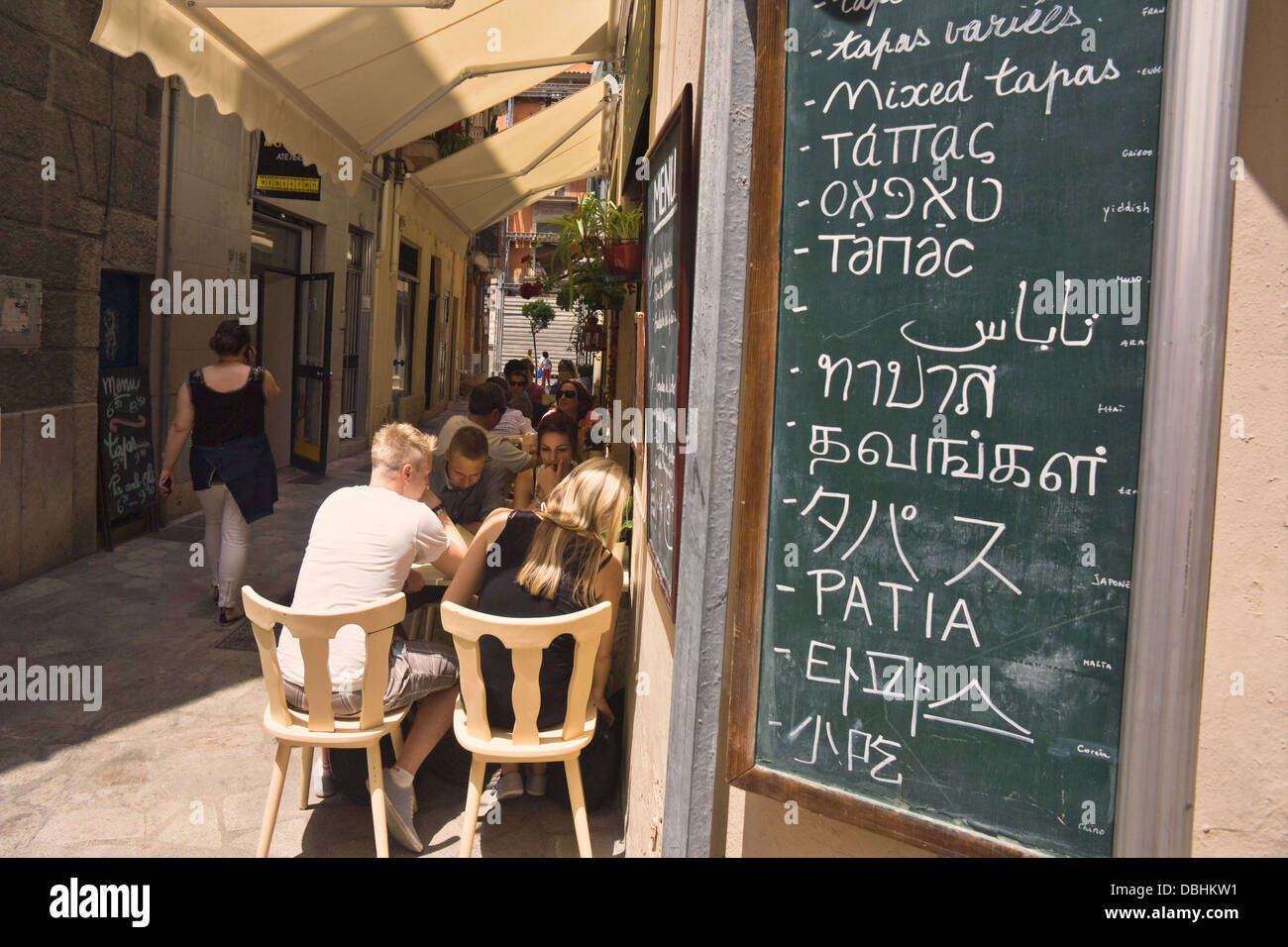 Menu multilingue, Palma di Maiorca. Foto Stock