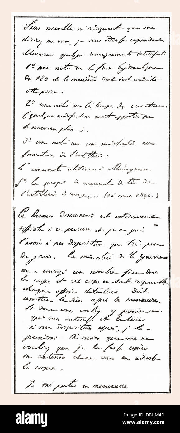 Documento attribuito a Dreyfus che ha causato una falsa carica di tradimento per essere portato contro di lui. Alfred Dreyfus, 1859 - 1935. Foto Stock