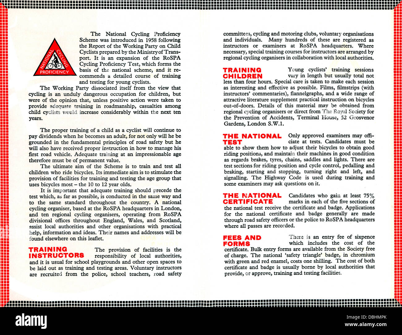 Il ciclismo nazionale schema di competenza Foglio illustrativo degli anni cinquanta anni Sessanta da RoSPA Royal Society per la prevenzione degli incidenti Foto Stock