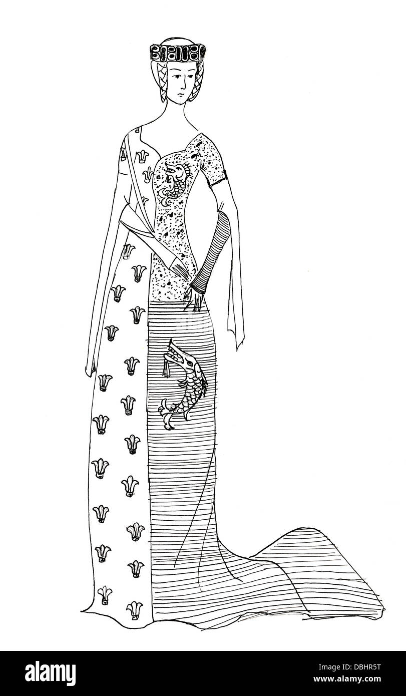 Costume storico - donna in abiti costosi Francia tardo XIV secolo Foto Stock