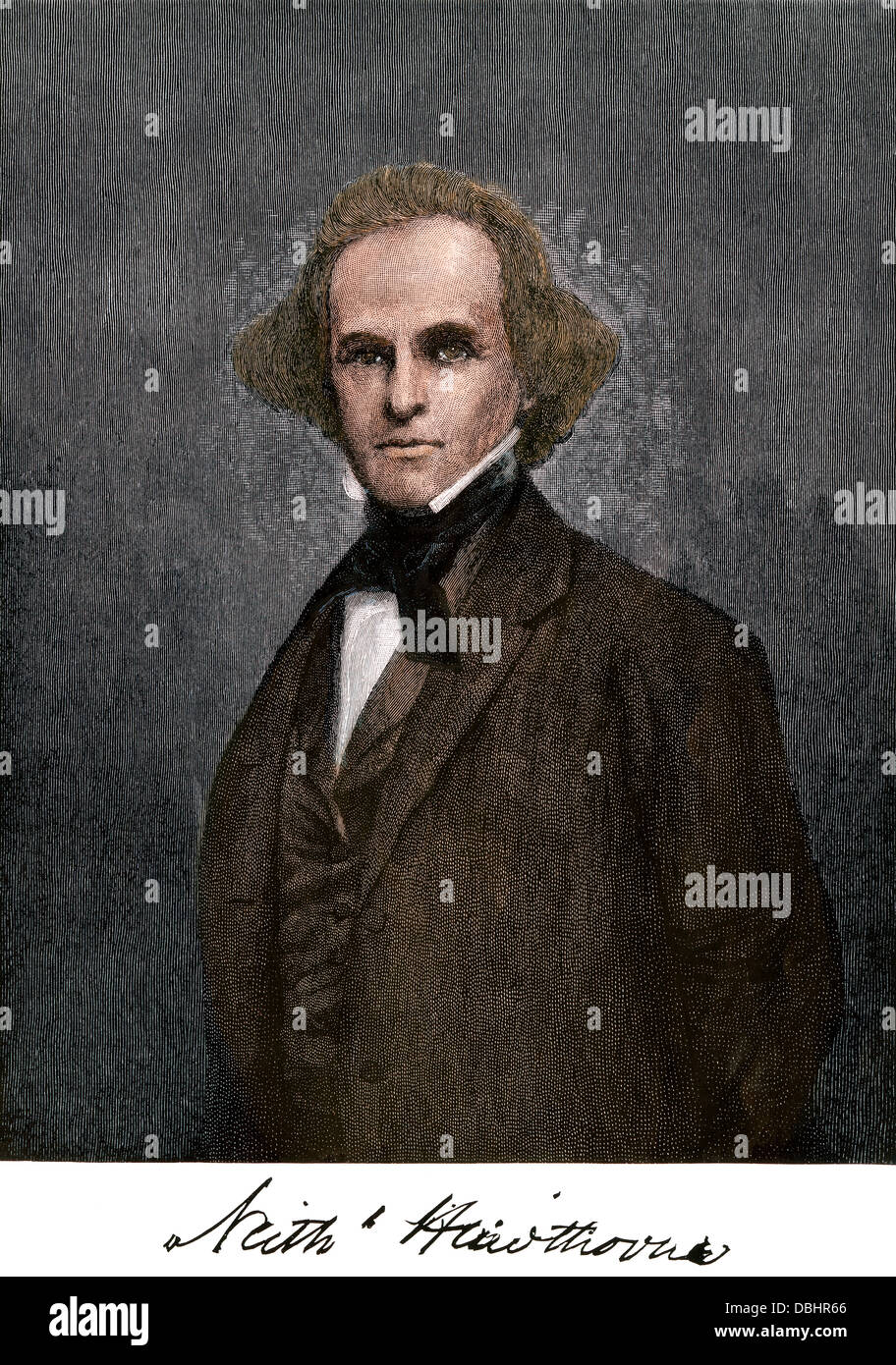 Giovani Nathaniel Hawthorne, con autografo. Colorate a mano la xilografia Foto Stock