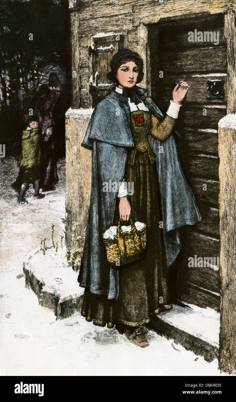 Hester Prynne che indossa la lettera scarlatta, da Nathaniel Hawthorne del romanzo. Colorate a mano riproduzione dei mezzitoni di illustrazione. Foto Stock