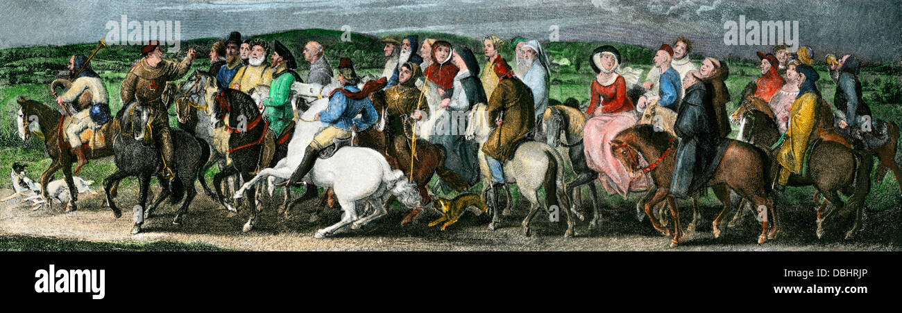 Ai pellegrini provenienti da una scena in Chaucer di Canterbury Tales. Colorate a mano riproduzione dei mezzitoni di illustrazione. Foto Stock