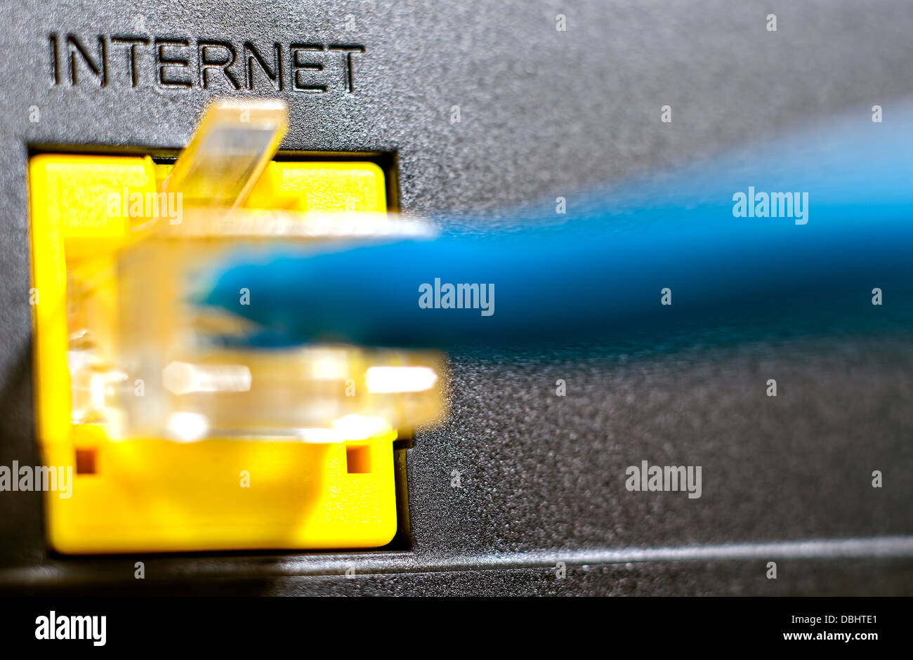 Presa per connessione Internet, macro di internet e cavo ethernet Foto Stock