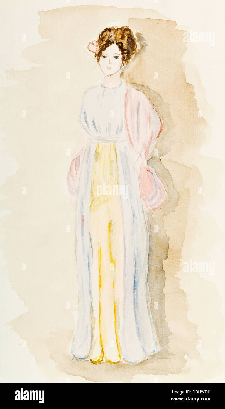 Costume storico - Greco antico donna in himation, dallo stile di figurine di Tanagra del IV secolo A.C. Foto Stock