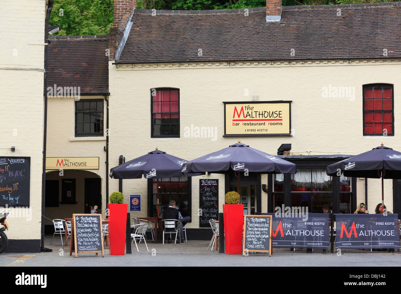Il Malthouse pub e ristorante di Ironbridge, Shropshire, West Midlands, England, Regno Unito, Gran Bretagna Foto Stock