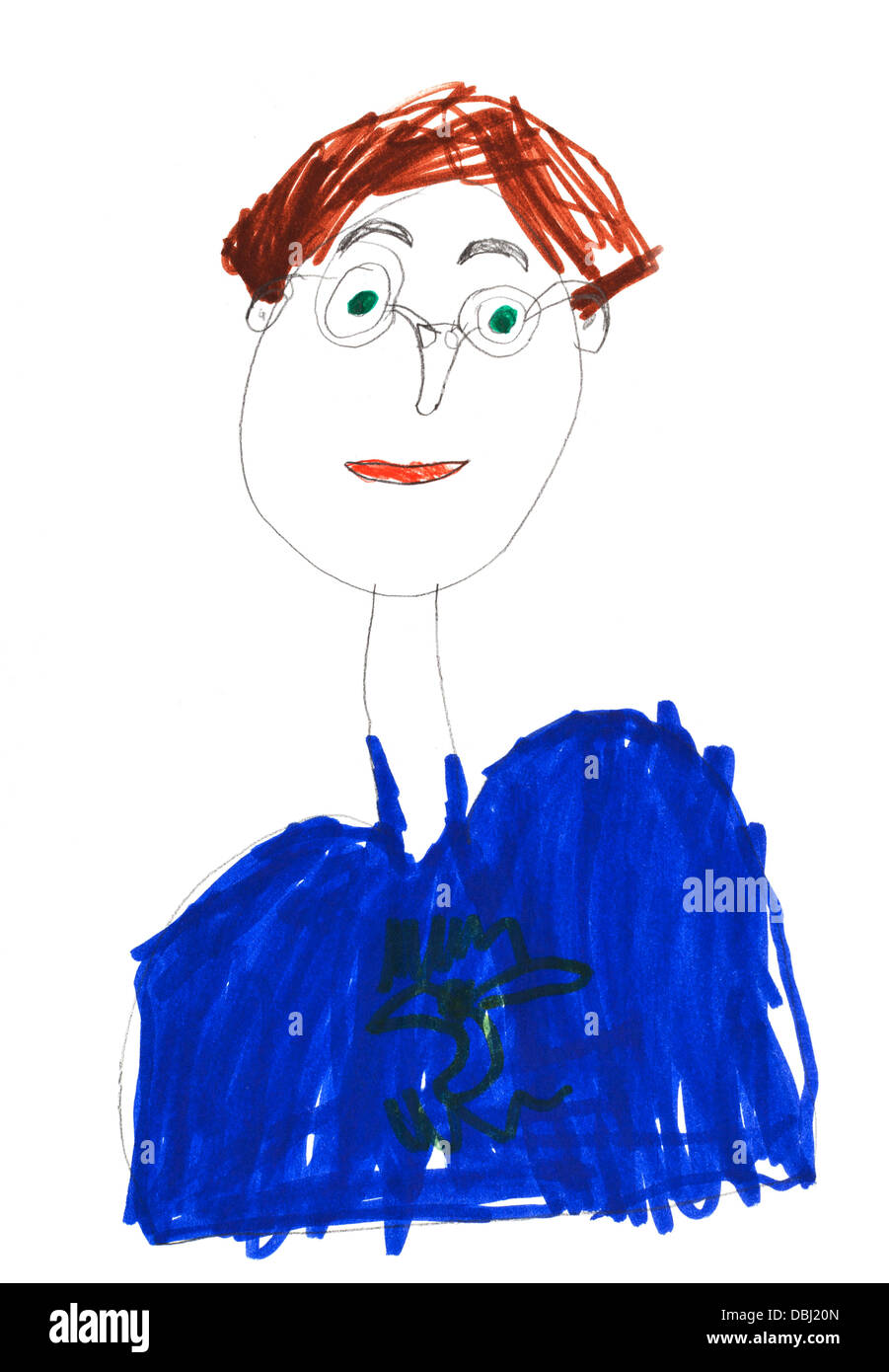 Childs disegno - uomo in bicchieri e maglietta blu Foto Stock