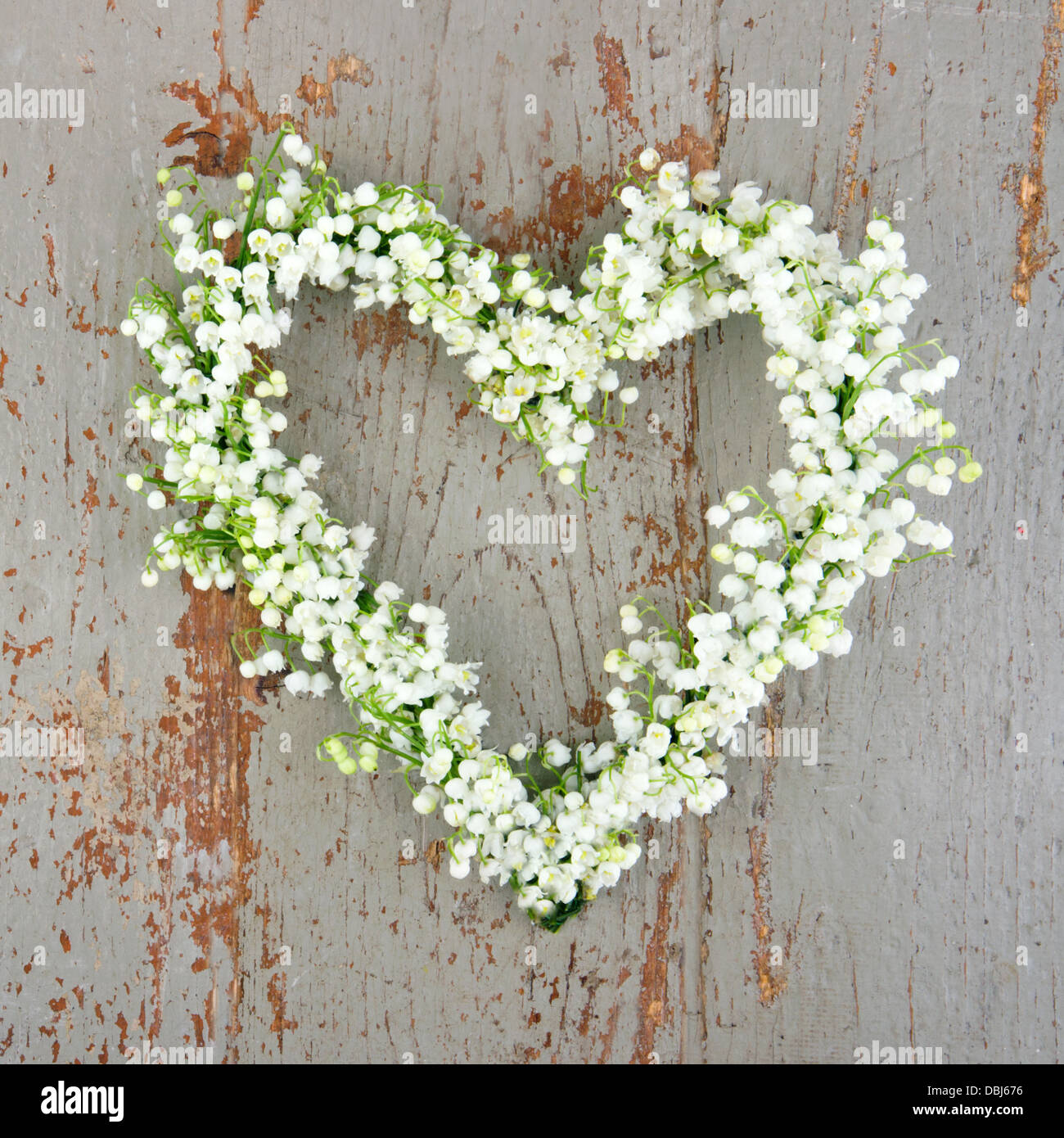 Fiore a forma di cuore ghirlanda di lilys della valle verde su sfondo di legno Foto Stock
