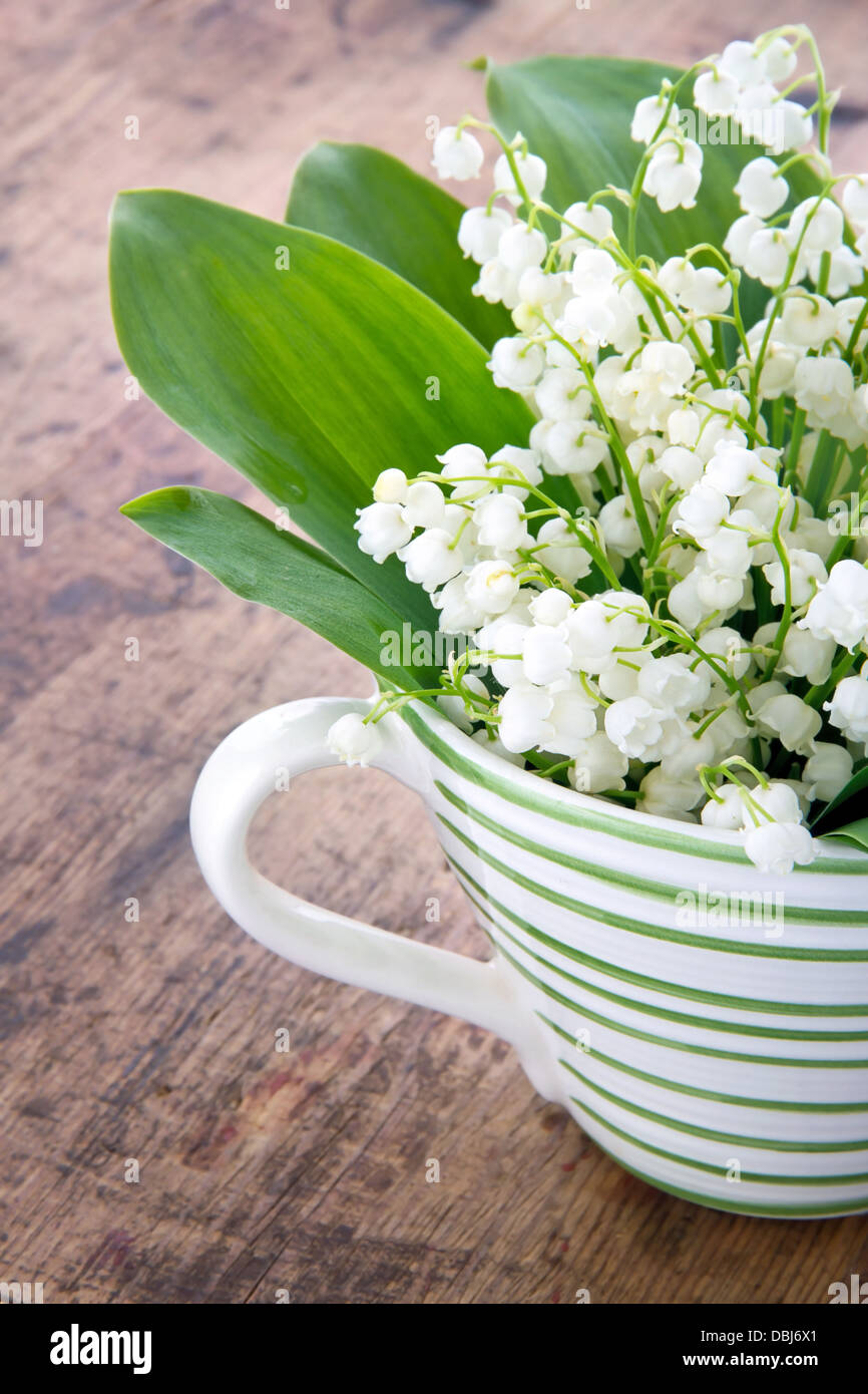 Bouquet di giglio della valle fiori di primavera in una verde listati cup in legno rustico sfondo vintage Foto Stock