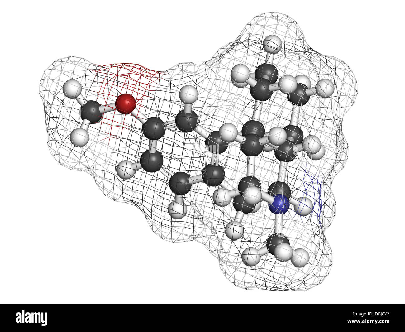 Destrometorfano soppressore della tosse (farmaci antitosse), struttura chimica. Gli atomi sono rappresentati come sfere. Foto Stock