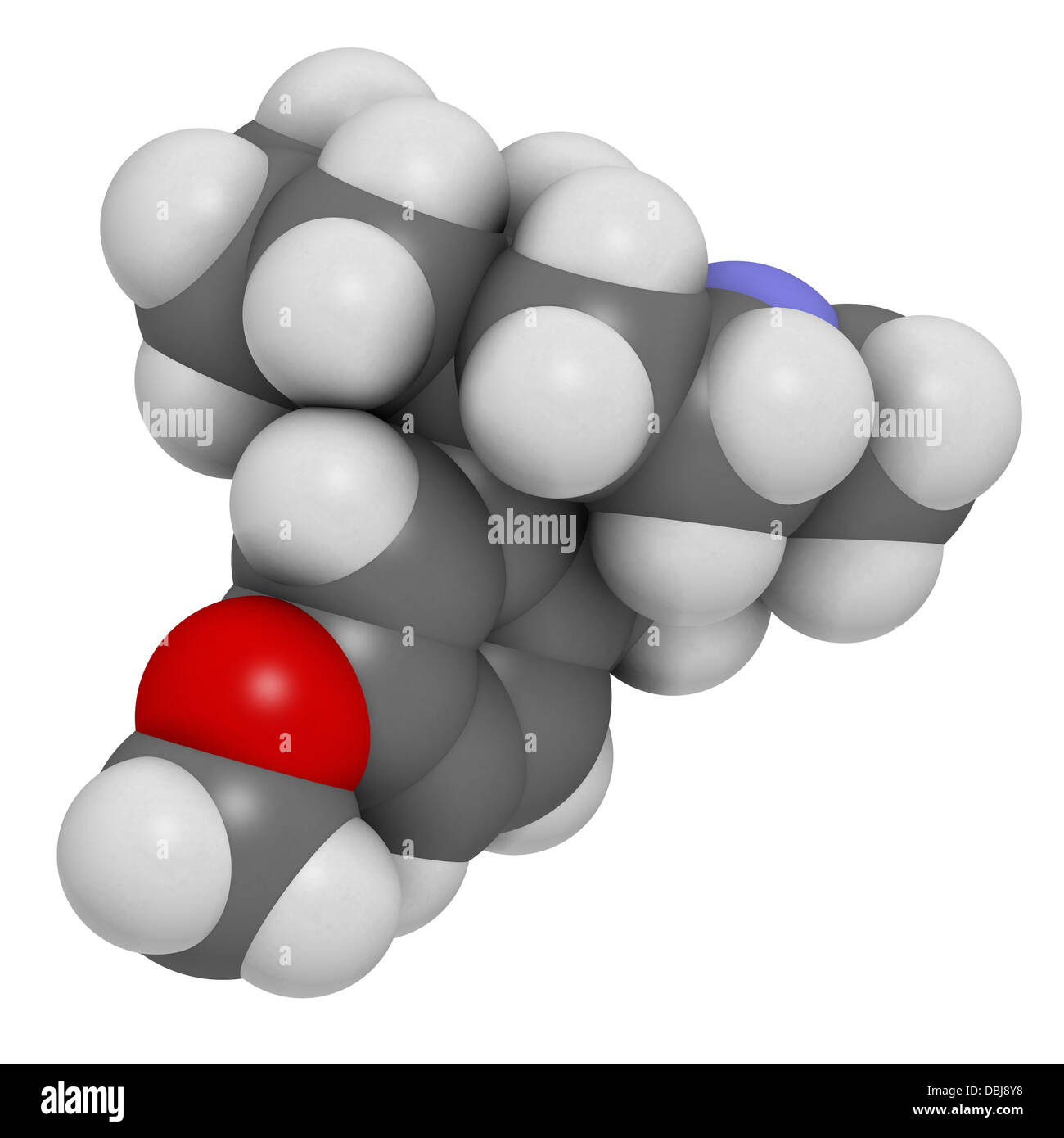 Destrometorfano soppressore della tosse (farmaci antitosse), struttura chimica. Gli atomi sono rappresentati come sfere. Foto Stock
