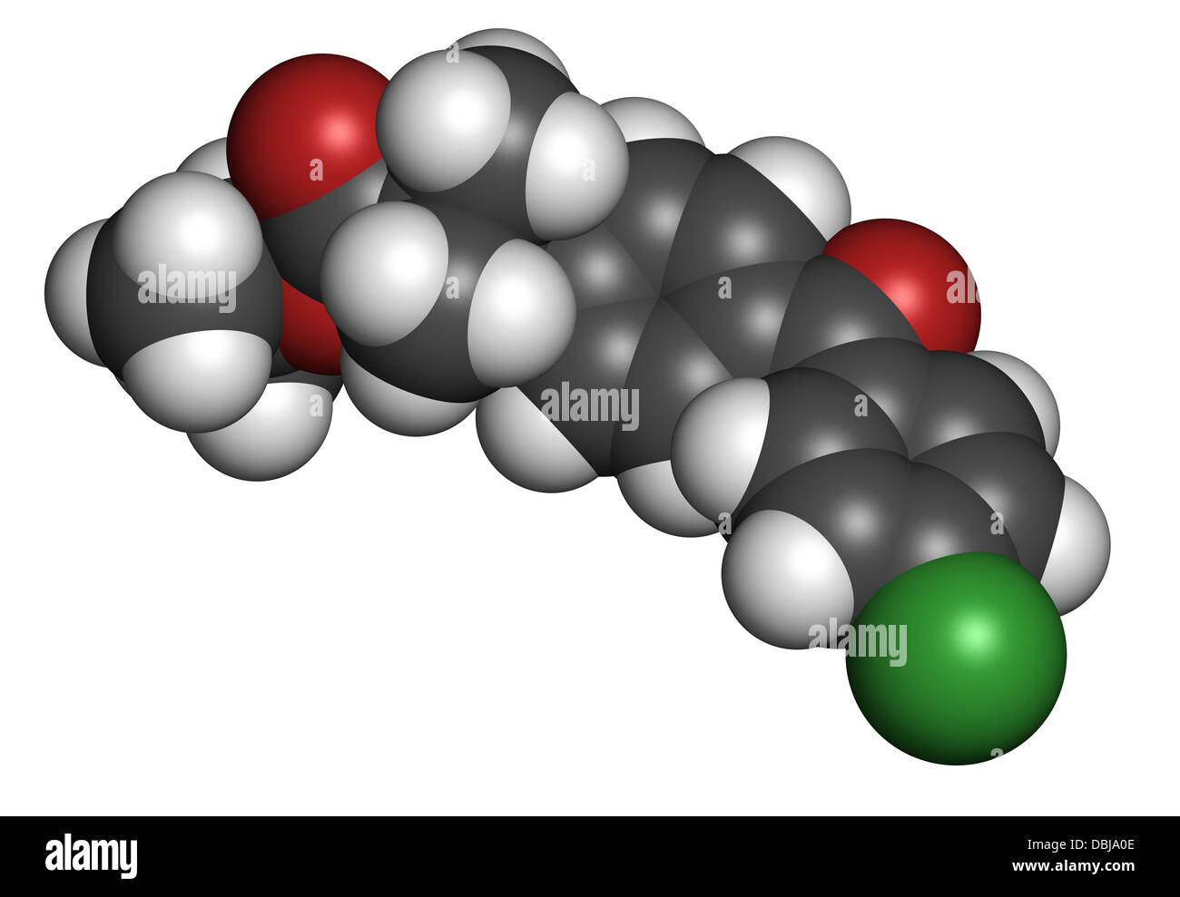Fenofibrate Colesterolo farmaco (fibrato classe), struttura chimica. Gli atomi sono rappresentati come sfere con co convenzionale Foto Stock