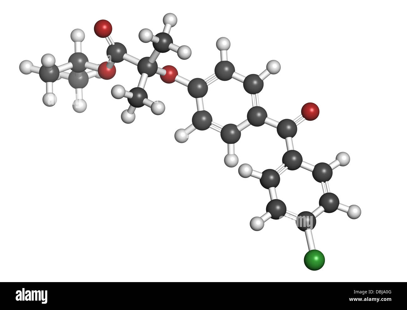 Fenofibrate Colesterolo farmaco (fibrato classe), struttura chimica. Gli atomi sono rappresentati come sfere con co convenzionale Foto Stock