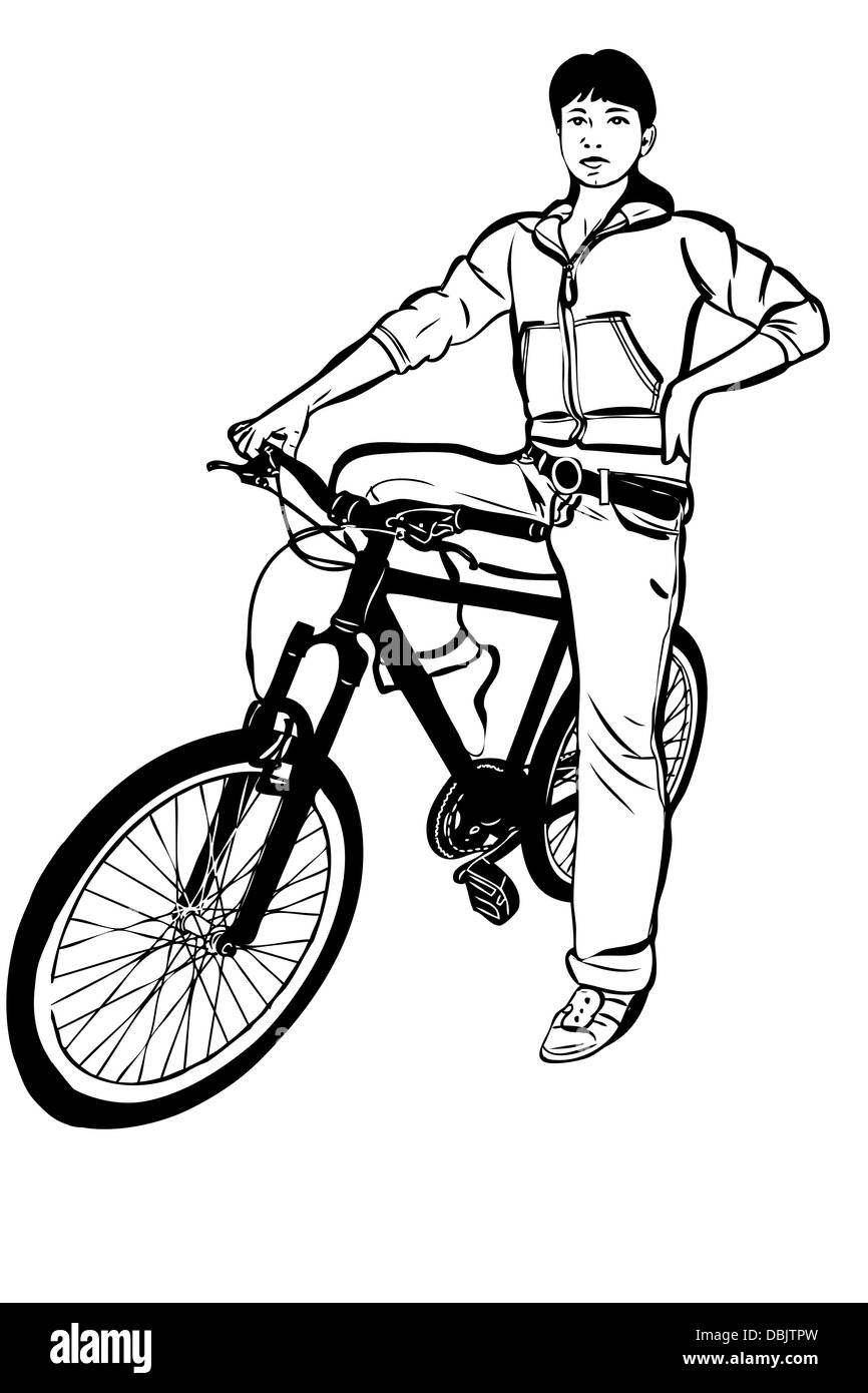 Un schizzo di ragazza giovane con una bicicletta Foto Stock