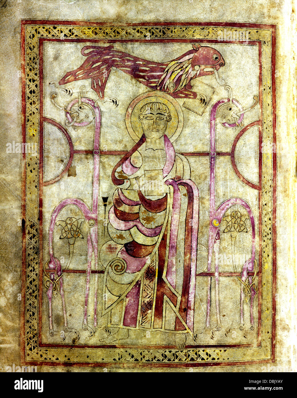 Lichfield vangeli o St Chad vangeli, introduzione al vangelo di san Marco, miniatura pagina, con il simbolo del leone Foto Stock