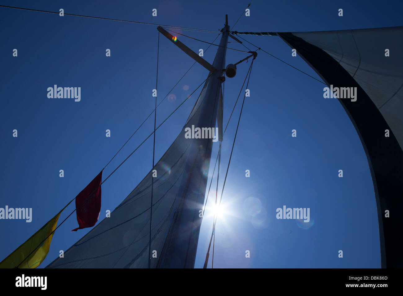 Guardando verso l'alto un montante di catamarano contro un profondo cielo di estate blu e il sole che brucia ardentemente. Foto Stock