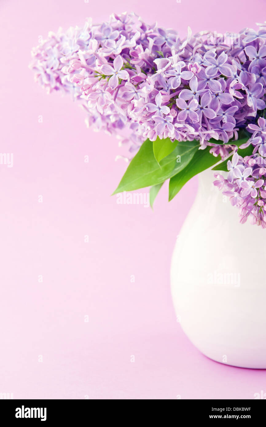 Vaso di colore bianco con un bouquet di viola lilla fiori di primavera Foto Stock