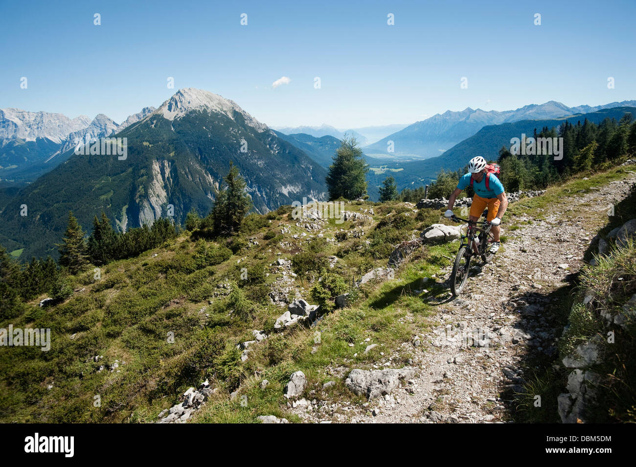 Mountain biker in sella su sentiero alpino, Tirolo, Austria Foto Stock