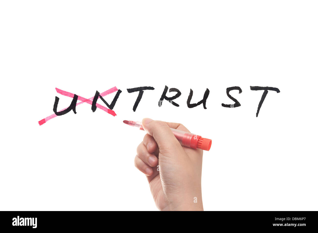Untrust al concetto di trust, la scrittura a mano su una lavagna bianca Foto Stock