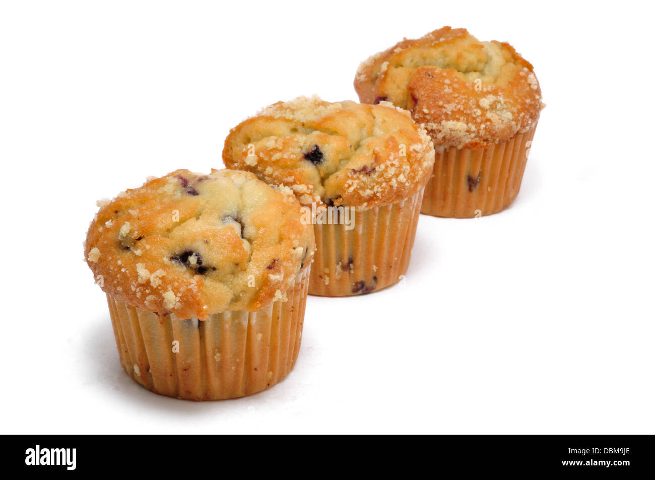 Tre muffin ai mirtilli Foto Stock