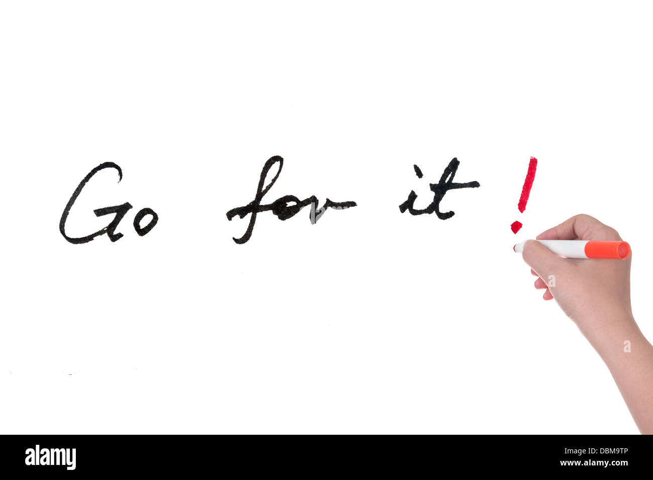 Andare per esso parole scritte sulla lavagna bianca Foto Stock