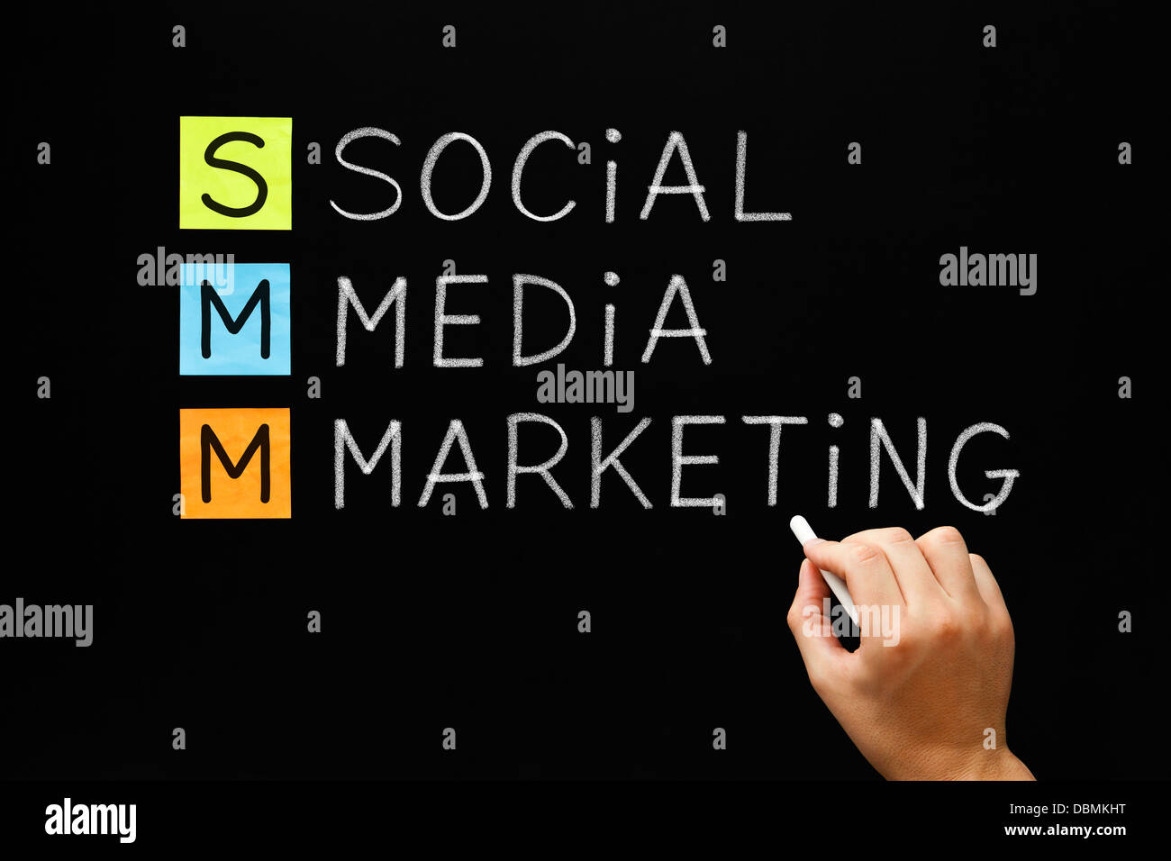 La scrittura a mano il Social Media Marketing con gesso bianco sulla lavagna. Foto Stock