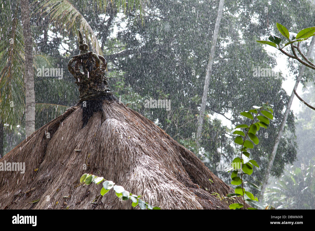 La pioggia su tetto Balinese, Ubud, Bali, Indonesia Foto Stock