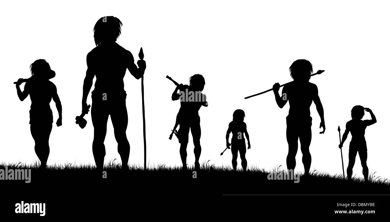Illustrato sagome di cavemen cacciatori di pattuglia Foto Stock