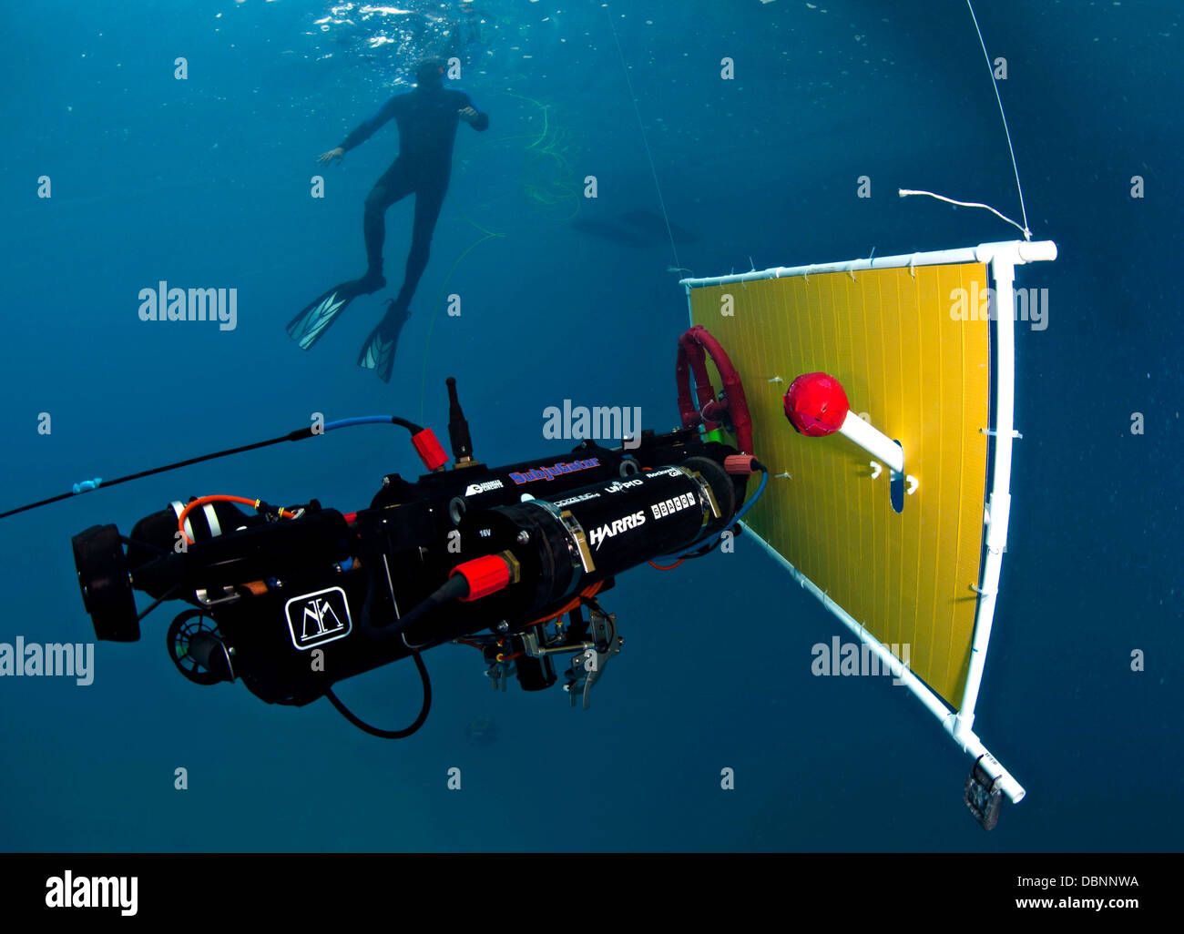 Un veicolo autonomo sottomarino costruito dagli studenti dell'Università di Florida Machine Intelligence Laboratory naviga un ostacolo per il corso di valutazione del trasduttore del Centro Piscina anecoica presso lo spazio e la guerra navale Systems Center Pacific Luglio 24, 2013 a San Diego, CA. L'obiettivo dell'RoboSub annuale concorso è di promuovere lo sviluppo di veicoli autonomi sottomarini. Foto Stock