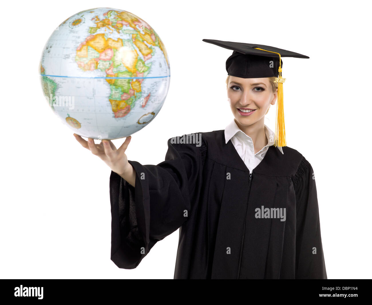 Laurea studentessa azienda Globo mondo Foto Stock