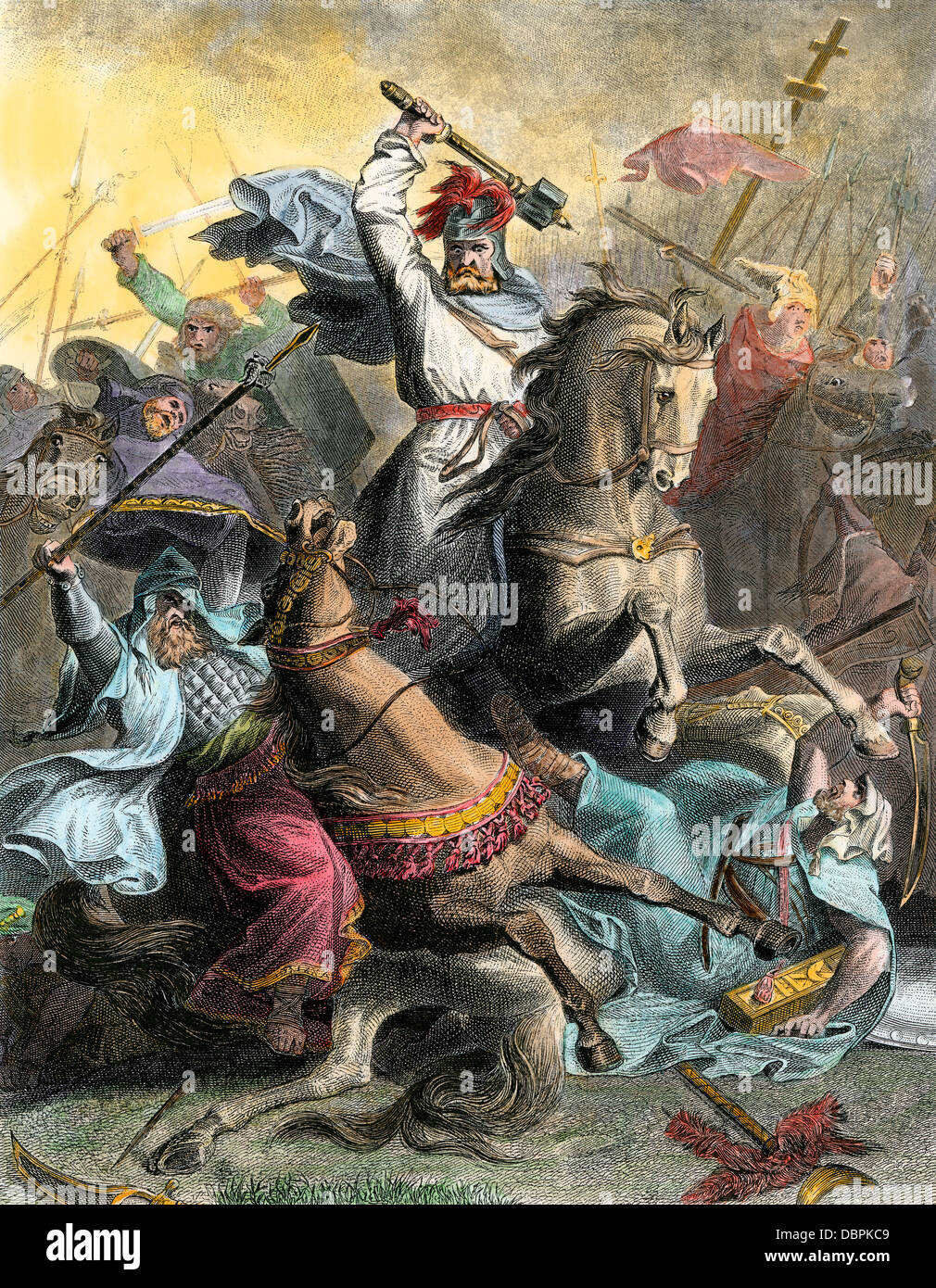 Charles Martel che portano i Franchi contro gli invasori arabi a Tours, Francia, 732 annuncio. Colorate a mano l'incisione Foto Stock