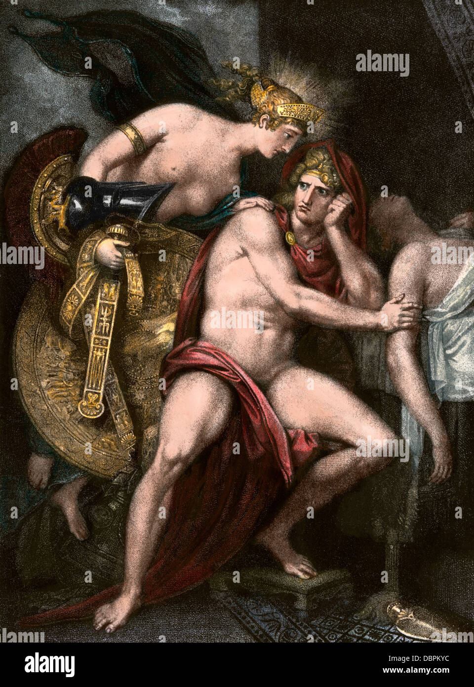 Thetis portando armor a suo figlio Achille, guerre di Troia. Colorate a mano l'incisione Foto Stock