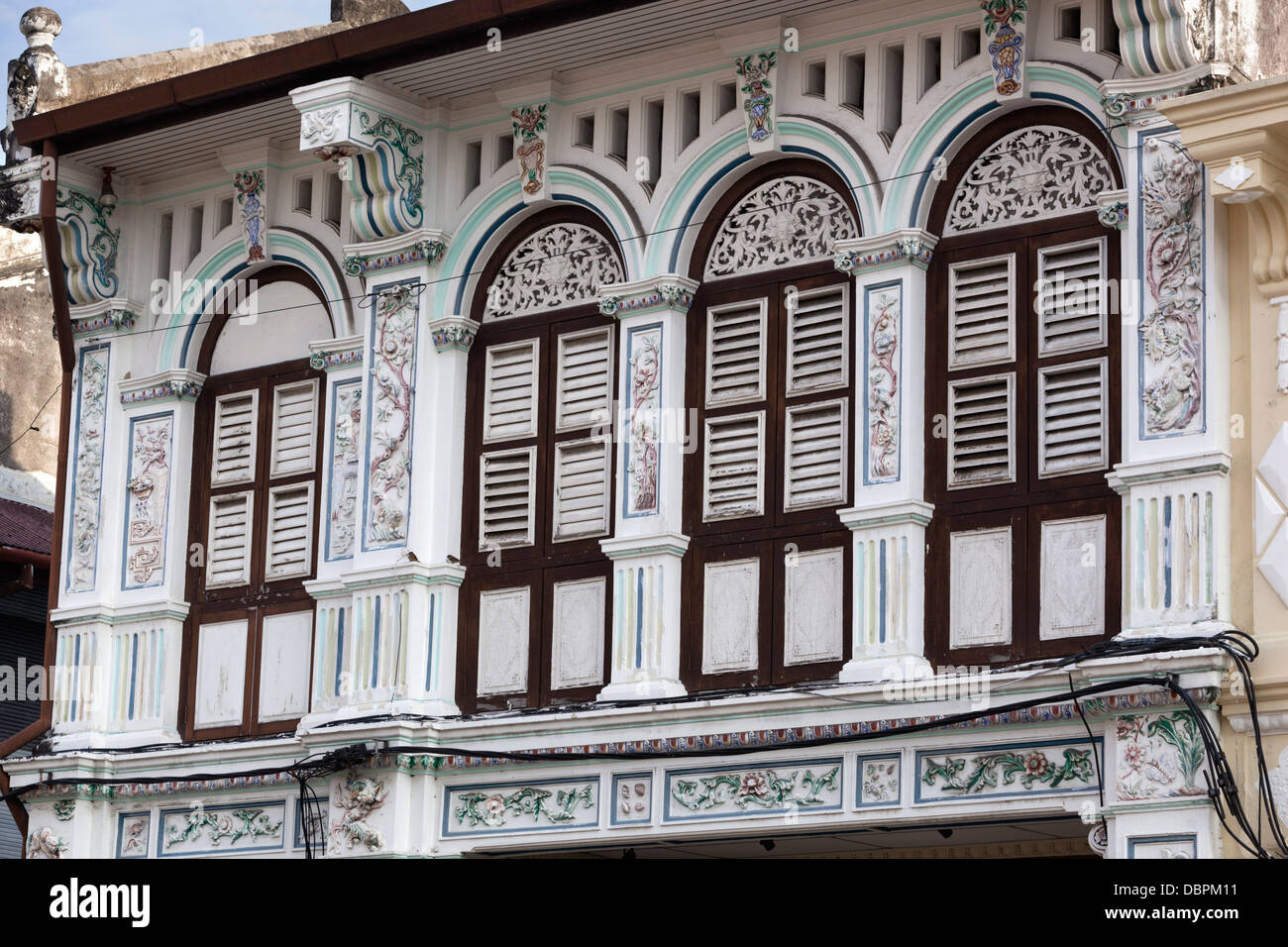 Dettaglio di epoca coloniale case, Georgetown, Pulau Penang, Malaysia, Asia sud-orientale, Asia Foto Stock